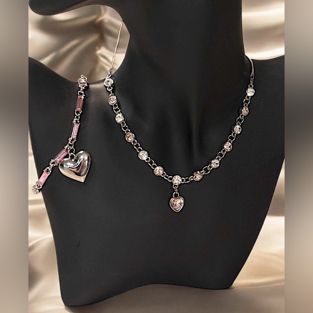 NEW Elegant Silver and Pink Heart Necklace and Bracelet Set HANDCRAFTED